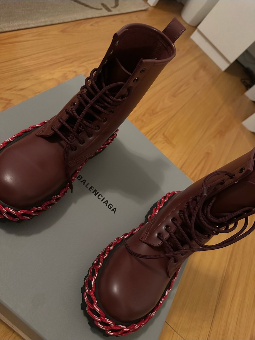Balenciaga Women's Burgundy Combat Boots with Red Braid Trim